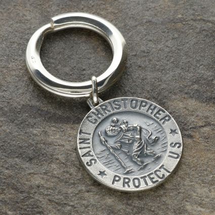 Antique Finish Sterling Silver 24mm 3D St Christopher Keyring With Travellers Prayer and Engraving