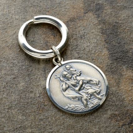 Antique Finish Sterling Silver 27mm St Christopher Keyring With Travellers Prayer and Optional Engraving