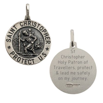 Antique Finish Sterling Silver 18mm 3D St Christopher Pendant With Travellers Prayer 