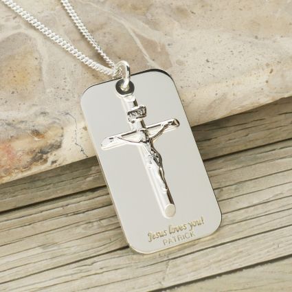 Sterling Silver Crucifix & Tag Pendant With Optional Engraving and Chain 