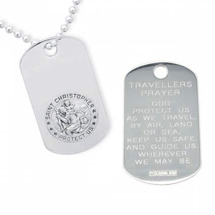 Sterling Silver Engraved St Christopher Dog Tag With Travelers Prayer Optional Front Engraving and Chain