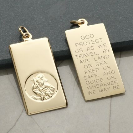 9ct Yellow Gold Large St Christopher Ingot With Travellers Prayer Optional Engraving and Chain
