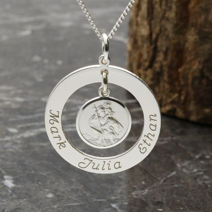 Sterling Silver Personalized Family Necklace with Hanging St Christopher Medal