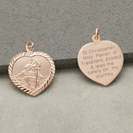 18k Rose Gold Plated Diamond Cut Heart St Christopher Pendant With Travelers Prayer and Optional Chain