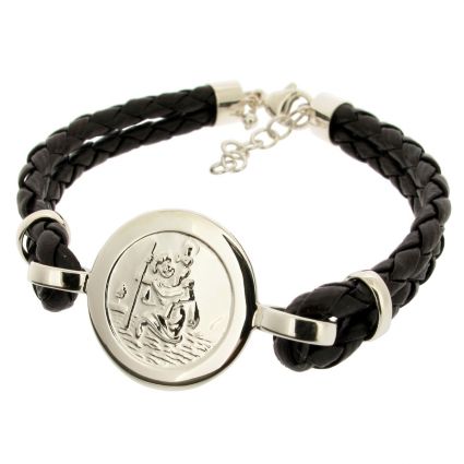 Ladies Leather and Sterling Silver St Christopher Bracelet With Optional Engraving