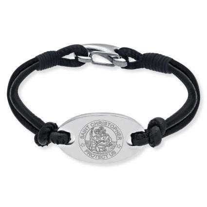 Ladies Leather and Stainless Steel St Christopher Bracelet (Black Leather)