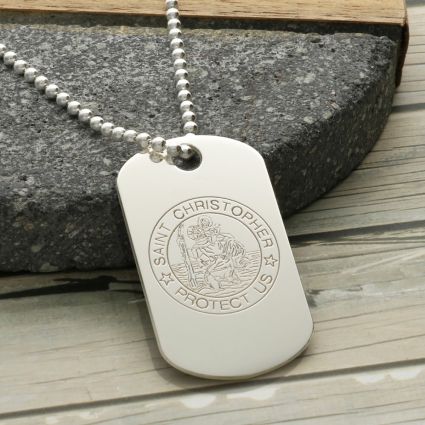 Sterling Silver St Christopher Dog Tag With Optional Engraving and Chain