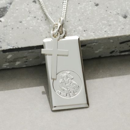 Sterling Silver St Christopher Ingot and Cross, Optional Engraving and Chain