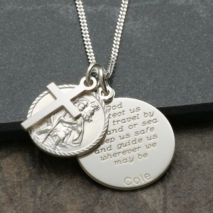 Sterling Silver Personalized St Christopher With Travelers Prayer Disc, Cross & Optional Engraving