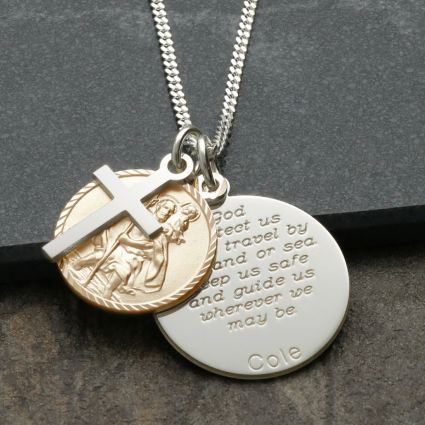 18k Yellow Gold Plated Personalized St Christopher With Travelers Prayer Disc, Cross & Optional Engraving