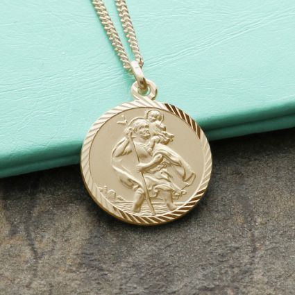 18k Yellow Gold Plated Diamond Cut 18mm St Christopher Pendant With Optional Engraving and Chain