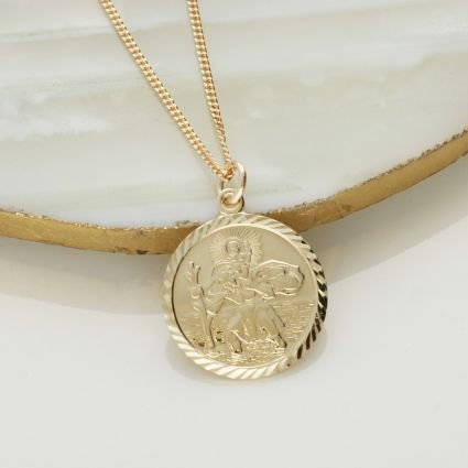 18k Yellow Gold Plated Diamond Cut 19mm St Christopher Pendant With Optional Engraving and Chain