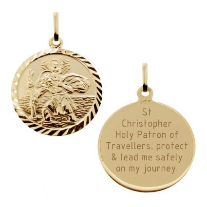 18k Yellow Gold Plated Diamond Cut 19mm St Christopher Pendant With With Travelers Prayer and Optional Chain