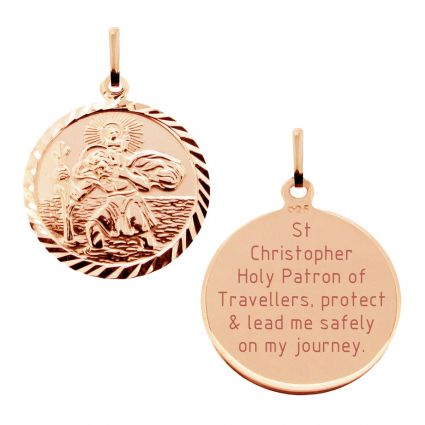 18k Rose Gold Plated Diamond Cut 19mm St Christopher Pendant With With Travelers Prayer and Optional Chain