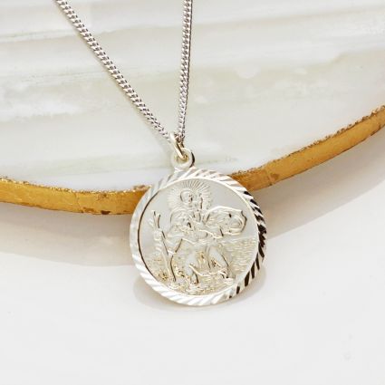 Sterling Silver Diamond Cut 19mm St Christopher Pendant With Optional Engraving and Chain