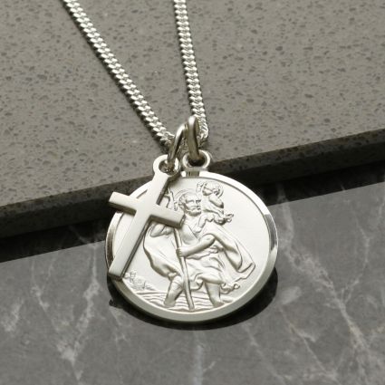 Sterling Silver St Christopher & Cross Pendants With Optional Engraving and Chain