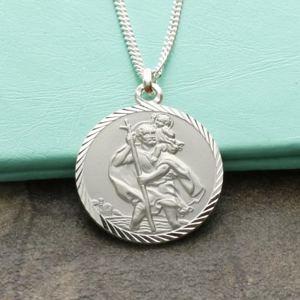 Sterling Silver Diamond Cut 20mm St Christopher Pendant With Optional Engraving and Chain