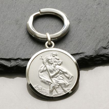 Sterling Silver 27mm St Christopher Keychain and Optional Engraving