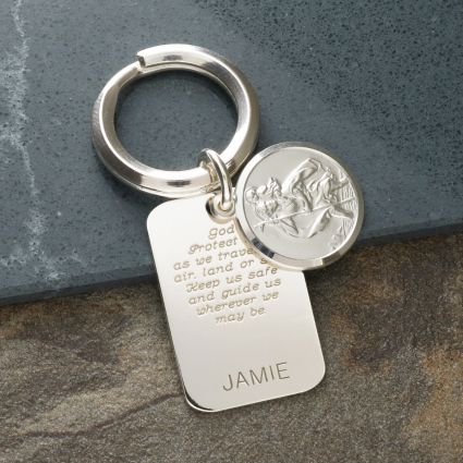 Sterling Silver Personalized Rectangle St Christopher Keychain With Travelers Prayer