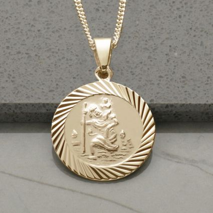 18k Yellow Gold Plated 20mm Diamond Cut St Christopher Pendant With Optional Personalization and Chain