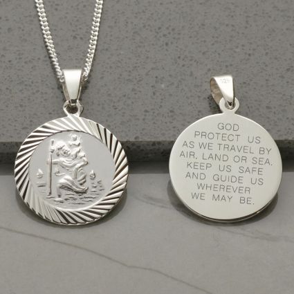 Sterling Silver 20mm Diamond Cut St Christopher Pendant With Travelers Prayer and Optional Chain