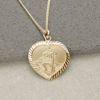 18k  Yellow Gold Plated Diamond Cut Heart St Christopher Pendant With Optional Engraving and Chain