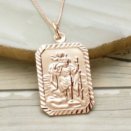 18k Rose Gold Plated Diamond Cut Large Rectangle St Christopher Pendant With Optional Engraving and Chain