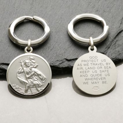 Sterling Silver 24mm St Christopher Keychain With Travelers Prayer