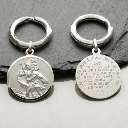 Sterling Silver 24mm St Christopher Keychain With Travelers Prayer and Engraving