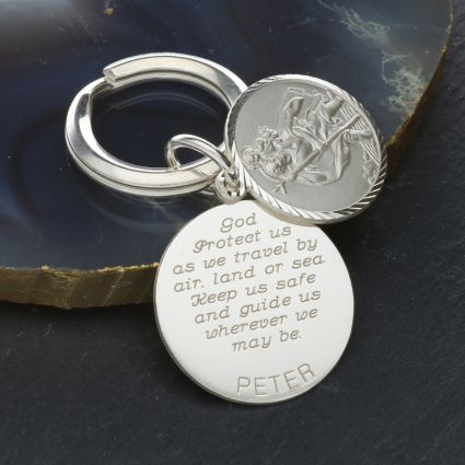 Sterling Silver Personalised Round St Christopher Keyring With Travellers Prayer