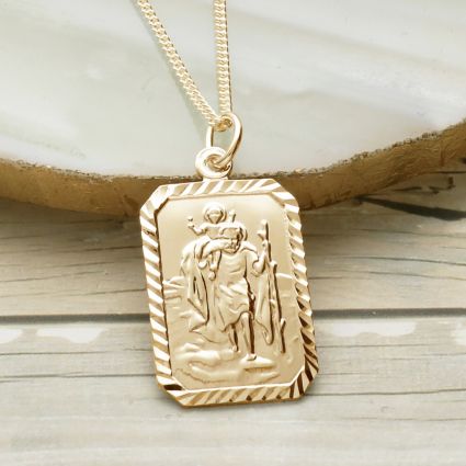 18k Yellow Gold Plated Diamond Cut Rectangle St Christopher Pendant With Optional Engraving and Chain