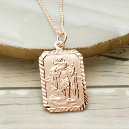 18k Rose Gold Plated Diamond Cut Rectangle St Christopher Pendant With Optional Engraving and Chain