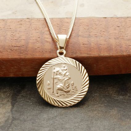 18k Yellow Gold Plated 16mm Diamond Cut St Christopher Pendant With Optional Personalization and Chain