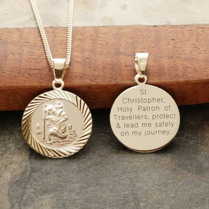 18k Yellow Gold Plated 16mm Diamond Cut St Christopher Pendant With Travelers Prayer and Optional Chain