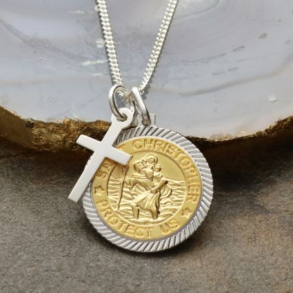Sterling Silver & Gold Plated 18mm Diamond Cut St Christopher Pendant With Cross, Optional Engraving and Chain
