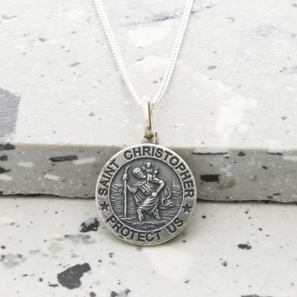 Antique Finish Sterling Silver 15mm 3D St Christopher Pendant With Optional Engraving and Chain