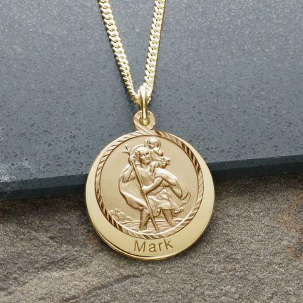 18k Yellow Gold Plated Personalized Round St Christopher With Travelers Prayer
