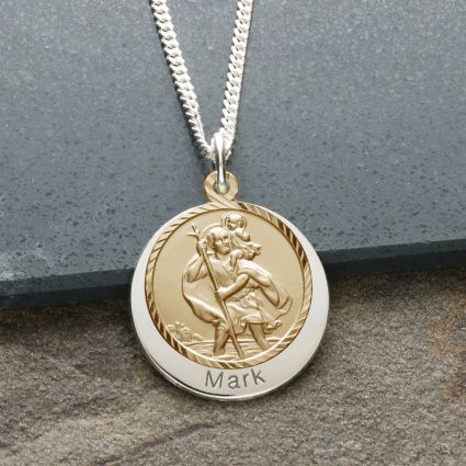 18k Yellow Gold Plated Personalized Round St Christopher With Travelers Prayer & Optional Engraving