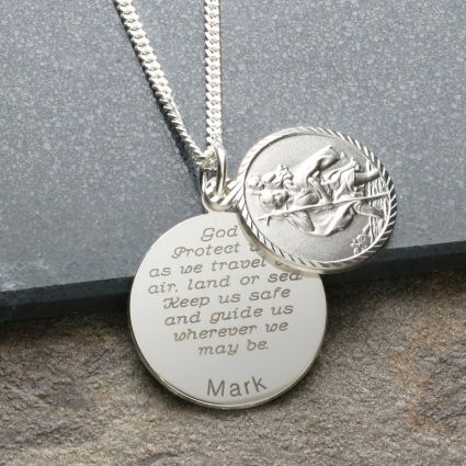 Sterling Silver Personalized Round St Christopher With Travelers Prayer & Optional Engraving