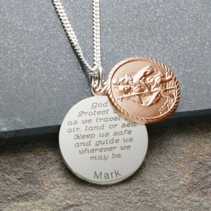 9ct Rose Gold Plated Personalised Round St Christopher With Travellers Prayer & Optional Engraving and Chain