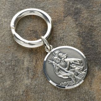 Antique Finish Sterling Silver 24mm St Christopher Keyring With Travellers Prayer and Optional Engraving