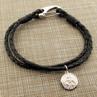 Black Leather Bracelet with 14mm Round Sterling Silver St Christopher