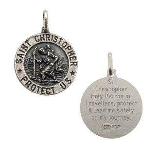 Antique Finish Sterling Silver 15mm 3D St Christopher Pendant With Travellers Prayer 