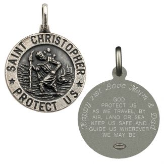 Antique Finish Sterling Silver 24mm 3D St Christopher Pendant With Travellers Prayer