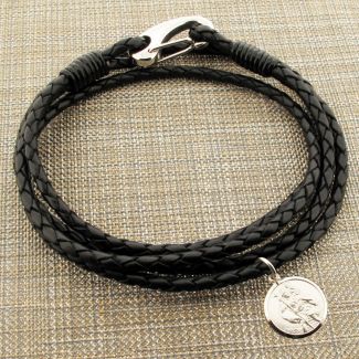 Black Leather Bracelet with 14mm Round Sterling Silver St Christopher