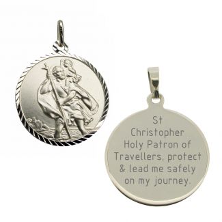 9ct White Gold Diamond Cut 18mm St Christopher Pendant With Travellers Prayer