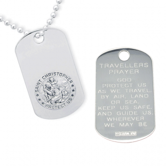 Sterling Silver Engraved St Christopher Dog Tag With Travellers Prayer Optional Front Engraving and Chain