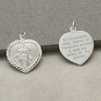 Sterling Silver Diamond Cut Heart St Christopher Pendant With Travellers Prayer 