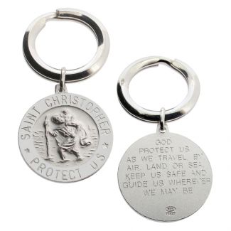 Sterling Silver 24mm 3D St Christopher Keyring With Travellers Prayer