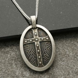 Antique Finish Sterling Silver Oval Cross Pendant With Optional Chain